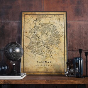 Salinas Vintage kaart poster kunst aan de muur | Stadskunstwerk afdrukken | Antieke, rustieke, oude stijl Home Decor | Californië drukt cadeau af | VM162