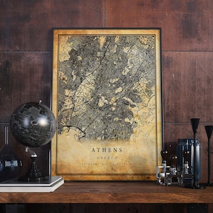 Athen Vintage Karte Poster Wandkunst | Stadt Kunstwerk Druck | Antike, rustikale, alte Wohnkultur | Griechenland druckt Geschenk | M561
