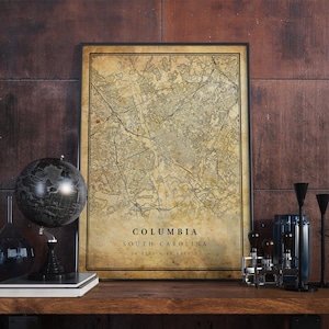 Póster de mapa vintage de Columbia, arte de pared, impresión de arte urbano, decoración del hogar antigua, rústica y de estilo antiguo, impresiones de Carolina del Sur, regalo, VM199