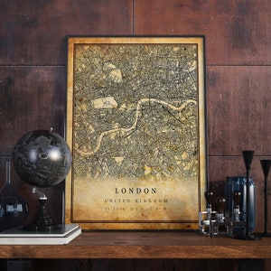 arte da parede do poster do mapa vintage de Londres | Impressão de arte da cidade | Decoração de casa antiga, rústica e antiga | Reino Unido imprime presente | M464