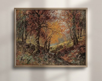 Vintage Autumn Forest Landscape Art Print: Fall Home Decor