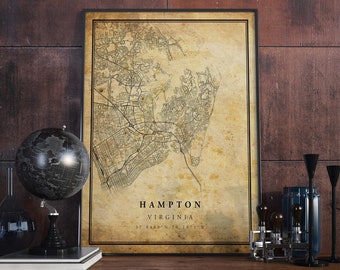 Hampton Vintage Map Poster Wall Art | City Artwork Print | Antique, rustic, old style Home Decor | Virginia prints gift | VM194