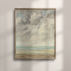 Vintage Coastal Canvas Art: Calm Sea Beach Painting