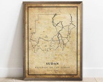 Sudan vintage map poster print, country street road map wall art, country map, country map, C15-120