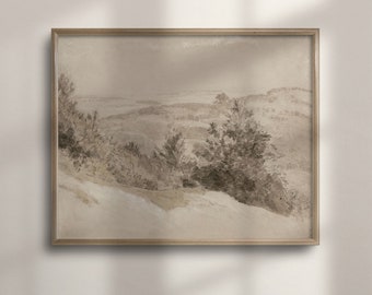 Neutral Vintage Landscape Print: Beige Watercolor Painting
