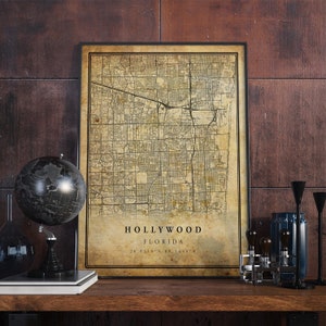 Hollywood Vintage kaart poster kunst aan de muur | Stadskunstwerk afdrukken | Antieke, rustieke, oude stijl Home Decor | Florida drukt cadeau af | VM170