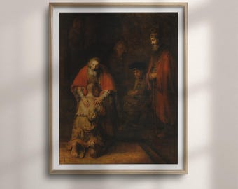 Könnte beinhalten: Ein gerahmter Kunstdruck von Rembrandts Rückkehr des verlorenen Sohnes, der eine kniende Figur zeigt, die von einem älteren Mann in einem roten Umhang umarmt wird, während zwei weitere Figuren im dunklen Hintergrund des Ölgemäldes zusehen.
