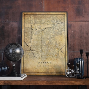 Art mural orange affiche carte vintage | Impression d'oeuvres d'art de la ville | Décoration d'intérieur antique, rustique et de style ancien | Cadeau d'imprimés californiens | VM188