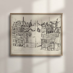 Esboço antigo da paisagem urbana de Amsterdã, desenho de linha de arquitetura vintage, decoração de parede neutra, arte abstrata de pôster, C16-41