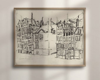 Antique Amsterdam Cityscape Sketch, Vintage Architecture Line Drawing, Neutral Wall Decor, Abstract Poster Art, C16-41