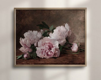 Vintage Floral Oil Painting: Moody Botanical Farmhouse Wall Art