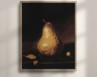 May include: A still life painting of a single pear with a brown stem and a yellow-brown skin. The pear is sitting on a dark green surface with a few brown leaves. The background is a dark brown.