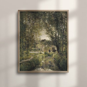 Vintage River Cottage Painting: Antique Farmhouse Landscape Art