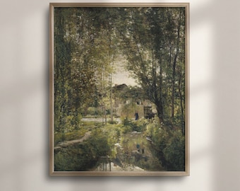 Vintage River Cottage Painting: Antique Farmhouse Landscape Art