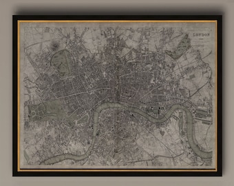 Może przedstawiać: Antyczna mapa Londynu, Anglia, wydrukowana w czerni i bieli z zielonymi akcentami. Mapa przedstawia ulice, rzeki i parki miasta. Tytuł "LONDON 1840" jest wydrukowany w prawym górnym rogu.