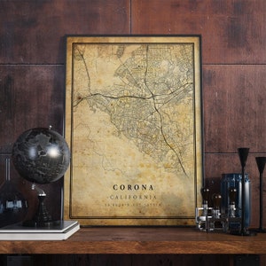 Póster de mapa vintage de Corona, arte de pared, impresión de arte urbano, decoración del hogar antigua, rústica y de estilo antiguo, impresiones de California, regalo, VM153