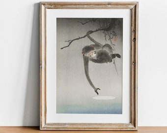 Antique Monkey Moon Reflection Print: Vintage Animal Art