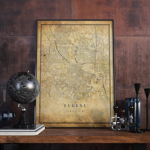 Póster de mapa vintage de Eugene, arte mural, impresión de arte urbano, decoración del hogar antigua, rústica y de estilo antiguo, impresiones de Oregón, regalo, VM154