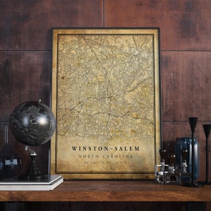 Póster de mapa vintage de Winston-Salem, arte mural, impresión de arte urbano, decoración del hogar antigua, rústica y de estilo antiguo, impresiones de Carolina del Norte, regalo, VM89