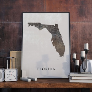 Florida vintage stijl kaart print, Florida kaart poster, cadeau, Florida muur kunst decor, vintage kaart, cadeau voor bruid, VO16