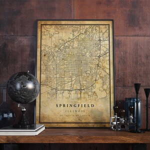 Póster de mapa vintage de Springfield, arte de pared, impresión de arte urbano, decoración del hogar antigua, rústica y de estilo antiguo, impresiones de Illinois, regalo, VM241
