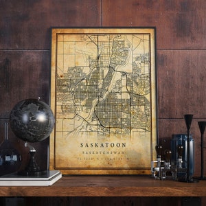 Affiche vintage de carte de Saskatoon, art mural | Impression d'oeuvres d'art de la ville | Décoration d'intérieur antique, rustique et de style ancien | Cadeau imprimé Saskatchewan | M326