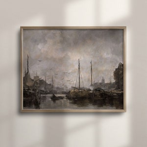 Vintage Moody Harbor Artwork, Nautical Wall Decor, Old Ship Seascape Painting, Unique Maritime Art, C16-405