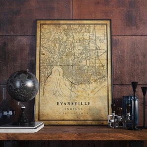 Póster de mapa vintage de Evansville, arte mural, impresión de arte urbano, decoración del hogar antigua, rústica y de estilo antiguo, impresiones de Indiana, regalo, VM232