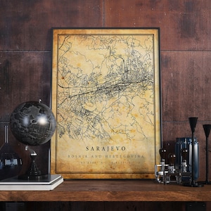 Sarajevo Vintage Map Poster Wall Art / Detailed City Artwork Print, Vecchio stile antico Home Decor / Bosnia ed Erzegovina stampe regalo / M652