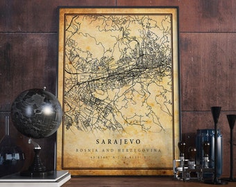 Sarajevo Vintage Map Poster Wall Art | Detailed City Artwork Print, Old antique style Home Decor | Bosnia and Herzegovina prints gift | M652