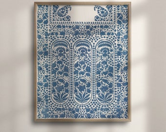 Antique Floral Art Print: Blue & White Indian Folk Art Poster