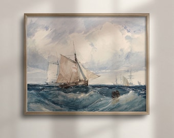 Vintage Sailboat Watercolor Painting: Nautical Seascape Art
