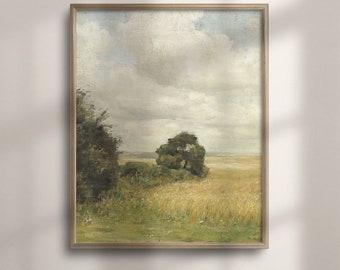 May include: A framed painting of a landscape with a field of tall grass, a single tree in the middle ground, and a cloudy sky.