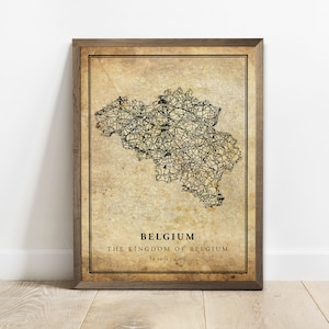 Belgien Vintage Karte Posterdruck, Landstraße Straßenkarte Wandkunst, Landkarte, Landkarte, C15-13