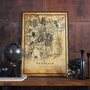 Denpasar Vintage Map Poster Wall Art | City Artwork Print | Antique, rustic, old style Home Decor | Indonesia prints gift | M698
