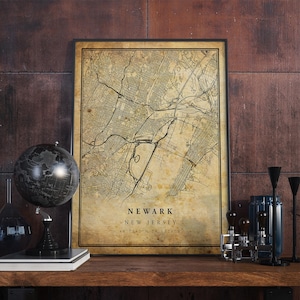 Póster de mapa vintage de Newark, arte mural, impresión de arte urbano, decoración del hogar antigua, rústica y de estilo antiguo, impresiones de Nueva Jersey, regalo, VM70
