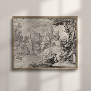 Puede incluir: Un grabado en blanco y negro de un paisaje con un río, árboles y rocas. Dos figuras están en un bote en el río.