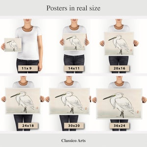 May include: Six different sizes of posters featuring a black and white illustration of a white egret standing in water. The posters are shown in real size, held by people in the image. The poster sizes are 11x9 inches, 14x11 inches, 20x16 inches, 24x18 inches, 30x20 inches, and 36x24 inches.