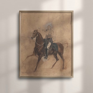 Antique Equine Sketch, Rustic Horse Study, Vintage Wall Art for Den, Unique Gift for Dad, Brown Neutral Decor, Odin Inspired, C16-777