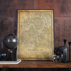 Nashville Vintage Map Poster Wall Art | City Artwork Print | Antique, rustic, old style Home Decor | Tennessee prints gift | VM24