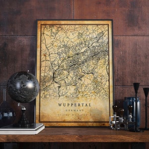 Póster de mapa vintage de Wuppertal, arte de pared, impresión de arte urbano, decoración del hogar antigua, rústica y de estilo antiguo, impresiones de Alemania, regalo, M600