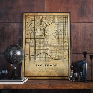 Póster de mapa vintage de Inglewood, arte mural, impresión de arte urbano, decoración del hogar antigua, rústica y de estilo antiguo, impresiones de California, regalo, VM261