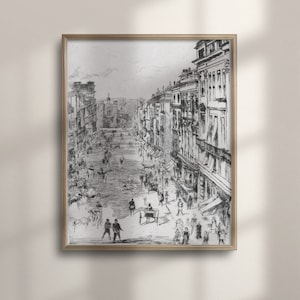 Neutrale Stadtbild Skizze, antike Architektur Wandkunst, minimalistische Linie Kunst, Vintage Poster Druck, abstrakte Stadt Zeichnung, C16-795