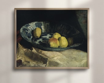 May include: A still life painting of a blue and white porcelain bowl filled with yellow apples on a white tablecloth.