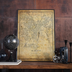 Póster de mapa vintage de Macon, arte de pared, impresión de arte urbano, decoración del hogar antigua, rústica y de estilo antiguo, impresiones de Georgia, regalo, VM168