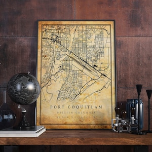 Port Coquitlam Vintage Map Poster Wall Art / Arte detallado de la ciudad / Decoración del hogar de estilo antiguo, rústico y antiguo / Impresiones de la Columbia Británica / M398