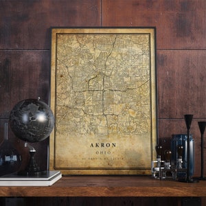 Póster de mapa vintage de Akron, arte de pared, impresión de arte urbano, decoración del hogar antigua, rústica y de estilo antiguo, impresiones de Ohio, regalo, VM118