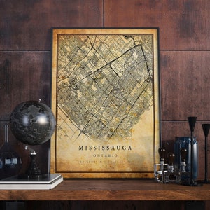 Affiche de carte vintage de Mississauga Art mural | Impression d'œuvres d'art de la ville | Décoration d'intérieur antique, rustique et de style ancien | Cadeau d'impressions de l'Ontario | M313