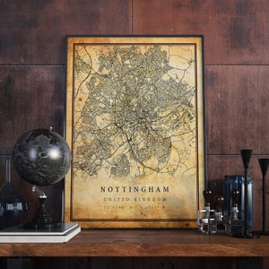 Nottingham Vintage Map Poster Wall Art | City Artwork Print | Antique, rustic, old style Home Decor | United Kingdom prints gift | M492