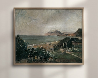 Vintage Coastal Landscape Oil Painting Print: Rustic Cottagecore Wall Art